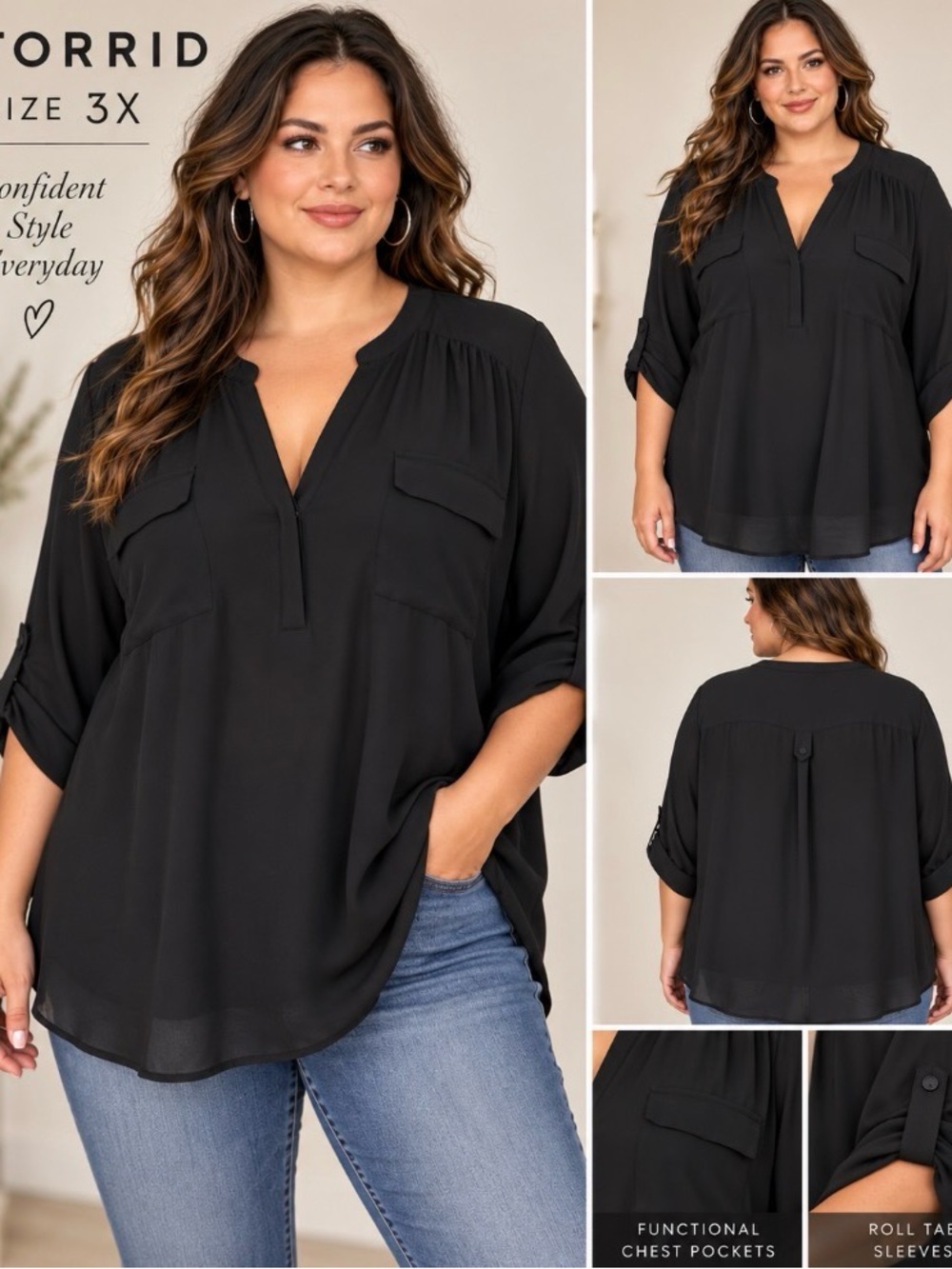Torrid Harper Size 3X Black Chiffon Utility Blouse Roll Tab Sleeve